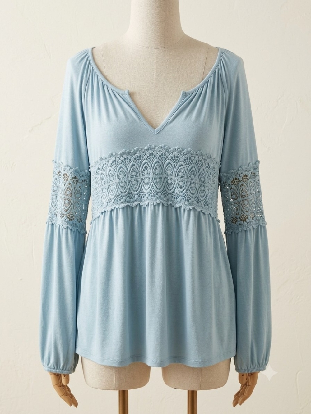 Women’s Light Blue Crochet-Trim V-Neck Tunic